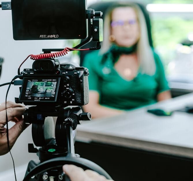 pexels-photo-28728922-28728922 Close-up of a videographer filming a woman in an office setting, highlighting professional equipment.
